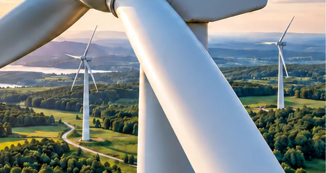 Wind turbines over forests and a lake at sunset, seen past a turbine blade