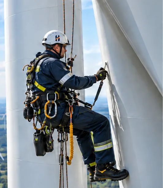 Technician in full fall-protection gear working on a turbine tower