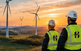 Two field technicians overlooking a wind farm at sunset