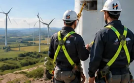 Two technicians in harnesses at the base of a turbine