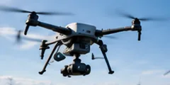 Inspection drone flying near wind turbines