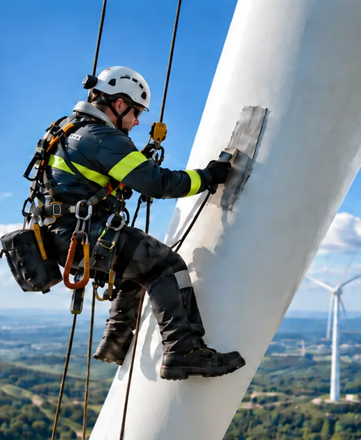 Rope-access technician repairing a wind turbine blade